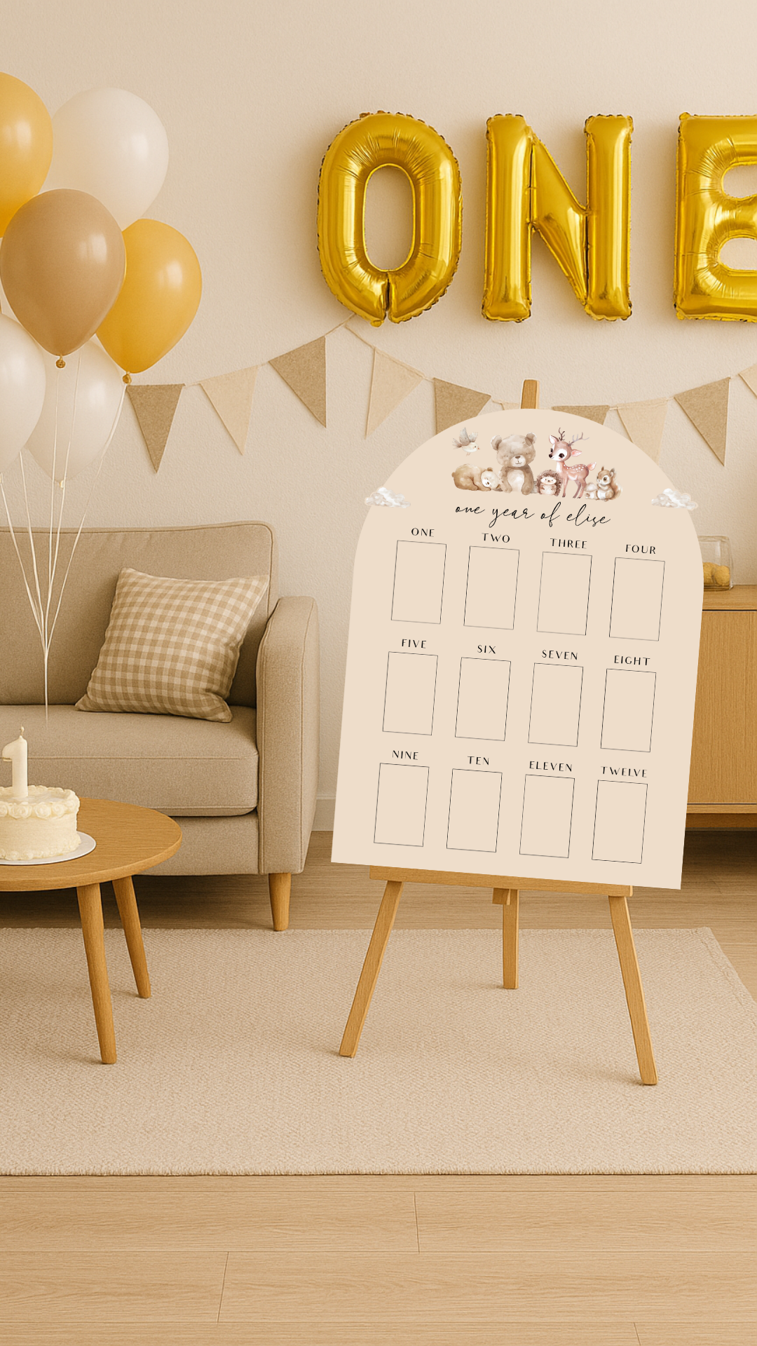 WOODLAND ANIMALS Personalised Baby One Year Milestone Photo Board