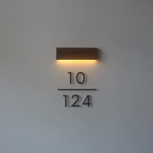 15cm Aria unit sign in matte black acrylic with "Our Silver Lining" light beam in walnut wood