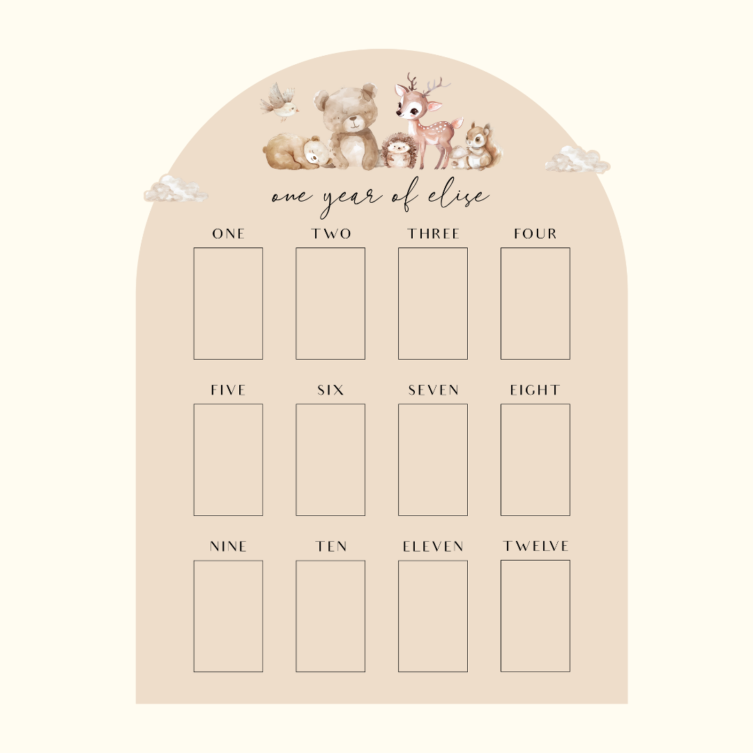 WOODLAND ANIMALS Personalised Baby One Year Milestone Photo Board