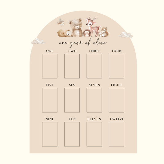 WOODLAND ANIMALS Personalised Baby One Year Milestone Photo Board