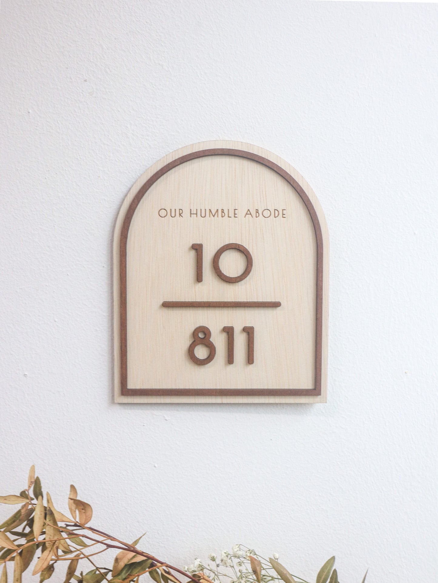 natural wood base with dark walnut wood words