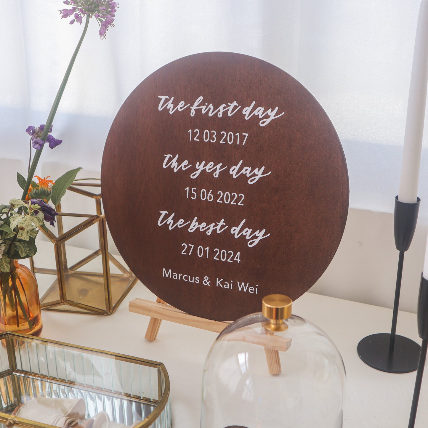 Petite Wedding Sign with Milestone Dates - Semi Custom (Round - Wood)